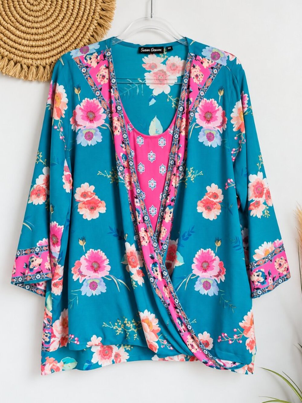 Tolani Collection Block Floral Layered Teal Pink Wrap Blouse SZ XL Boho Chic